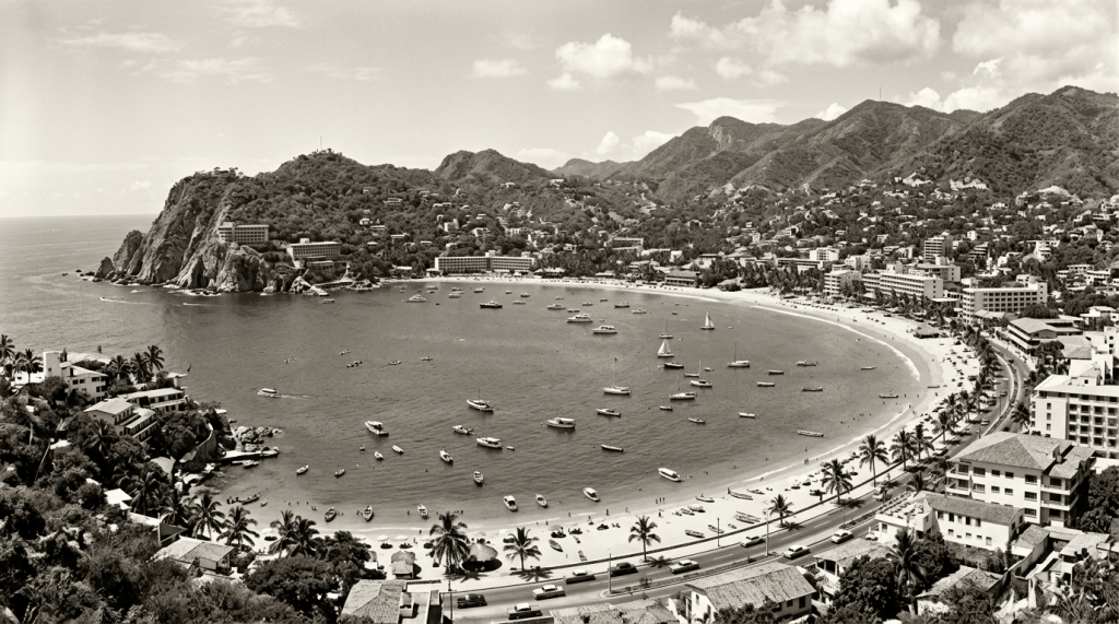 Sepia collage of Acapulco coast, El Clavadista Bar, Hotel Mirador, and tropical markets