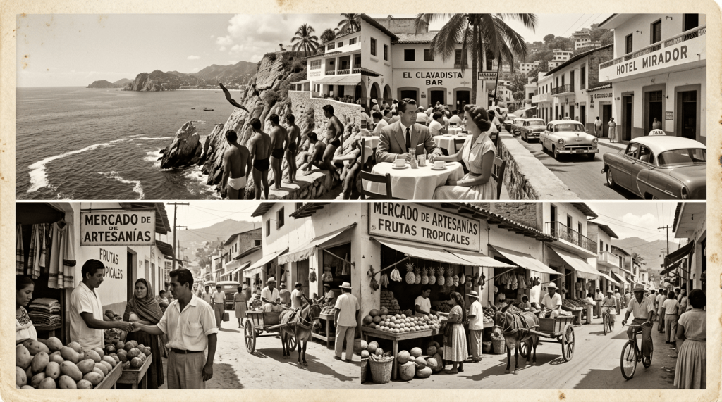 Sepia collage of Acapulco coast, El Clavadista Bar, Hotel Mirador, and tropical markets